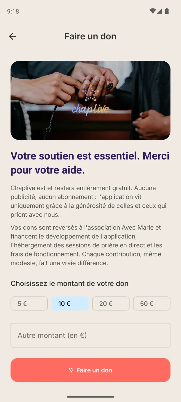 Écran « Faire un don » : montants proposés et bouton de soutien.