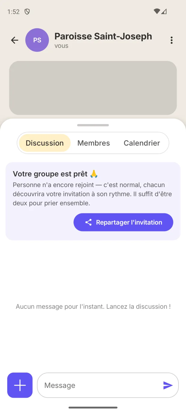 Groupe fraîchement créé, encore sans membre, avec le chapelet programmé et un bouton pour repartager l'invitation.