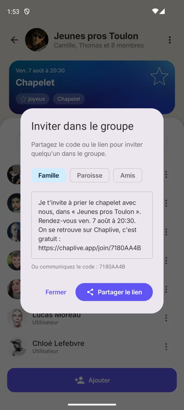 Modale d'invitation : message déjà rédigé avec la date du chapelet, tons Famille, Paroisse ou Amis, et bouton de partage.