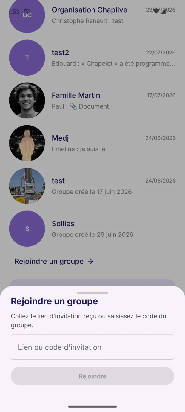 Feuille « Rejoindre un groupe » : champ pour coller un lien d'invitation ou saisir un code.