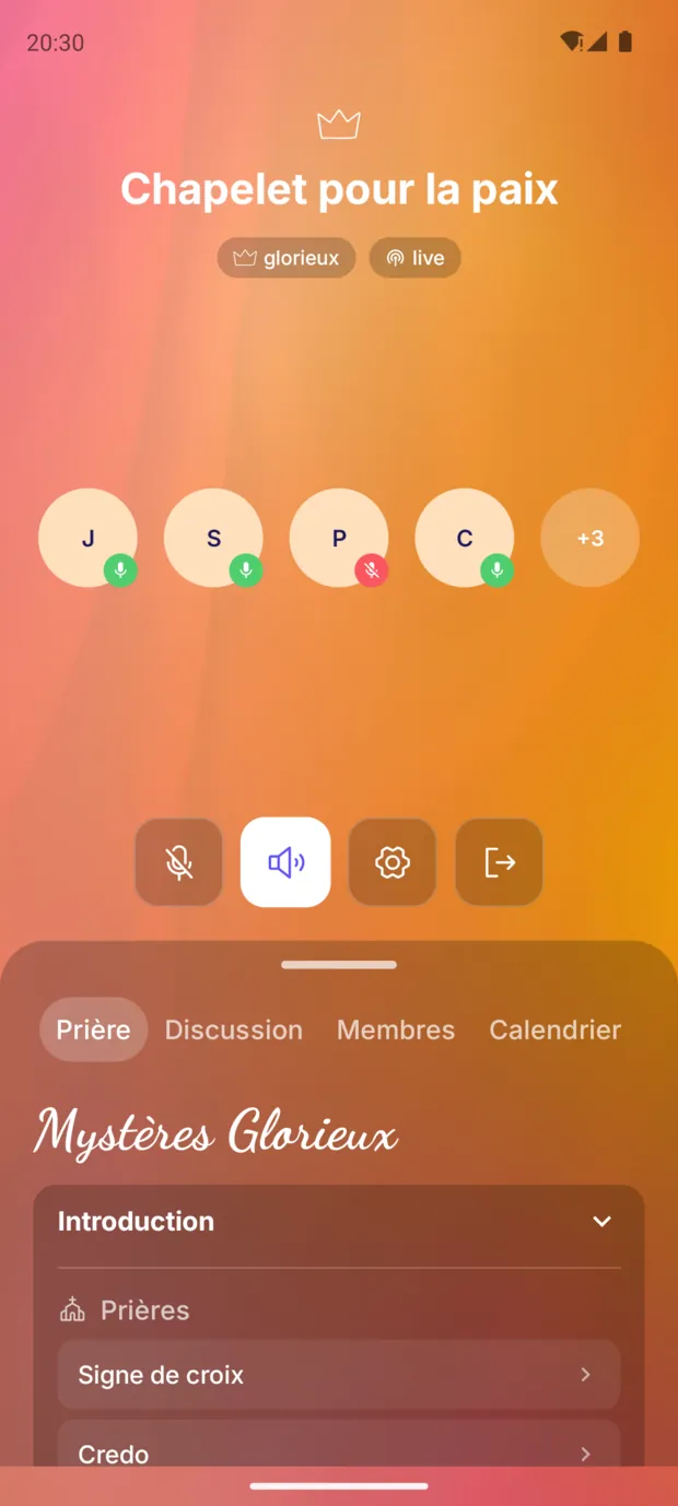 Session live en cours : participants, barre de contrôle et déroulé de la prière.