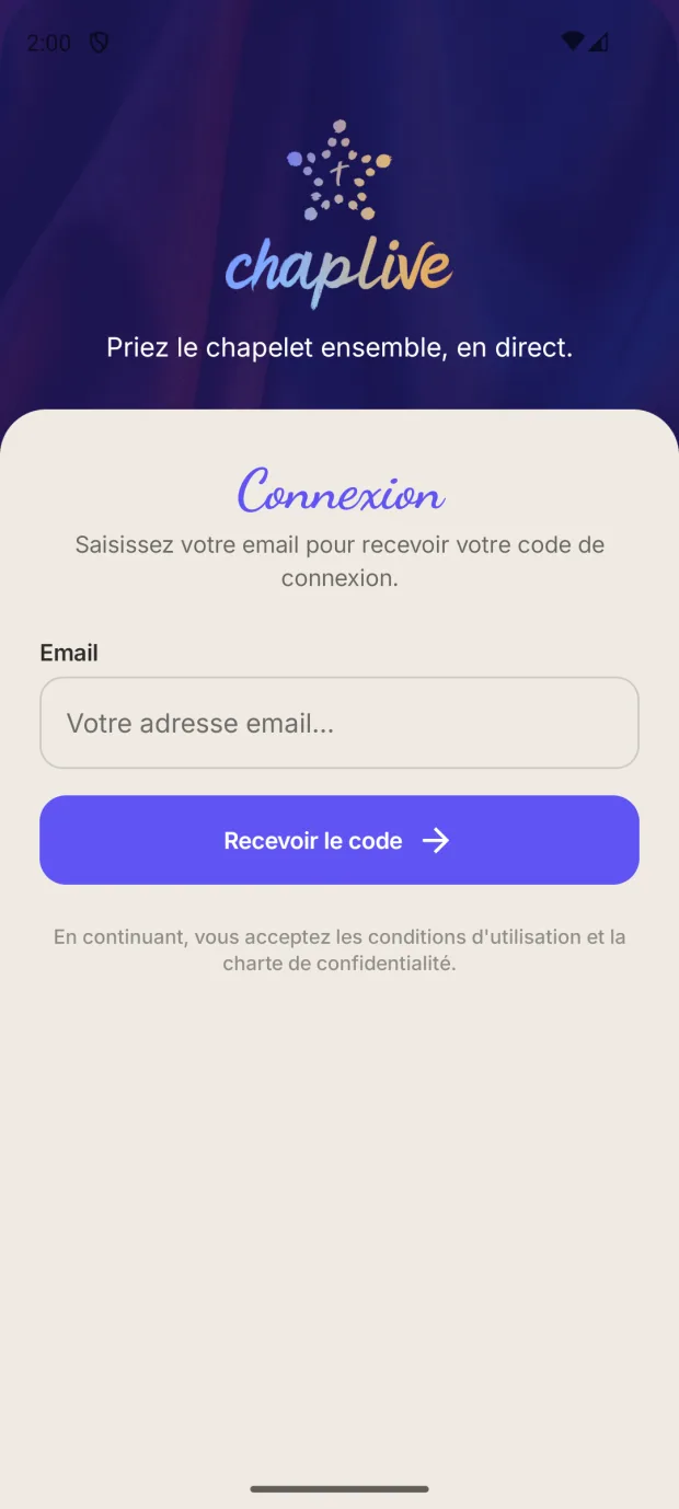 Écran de connexion : saisie de l'adresse email pour recevoir un code à six chiffres.