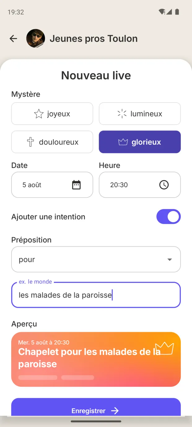 Programmation d'un chapelet : mystère, date, heure et intention de prière.