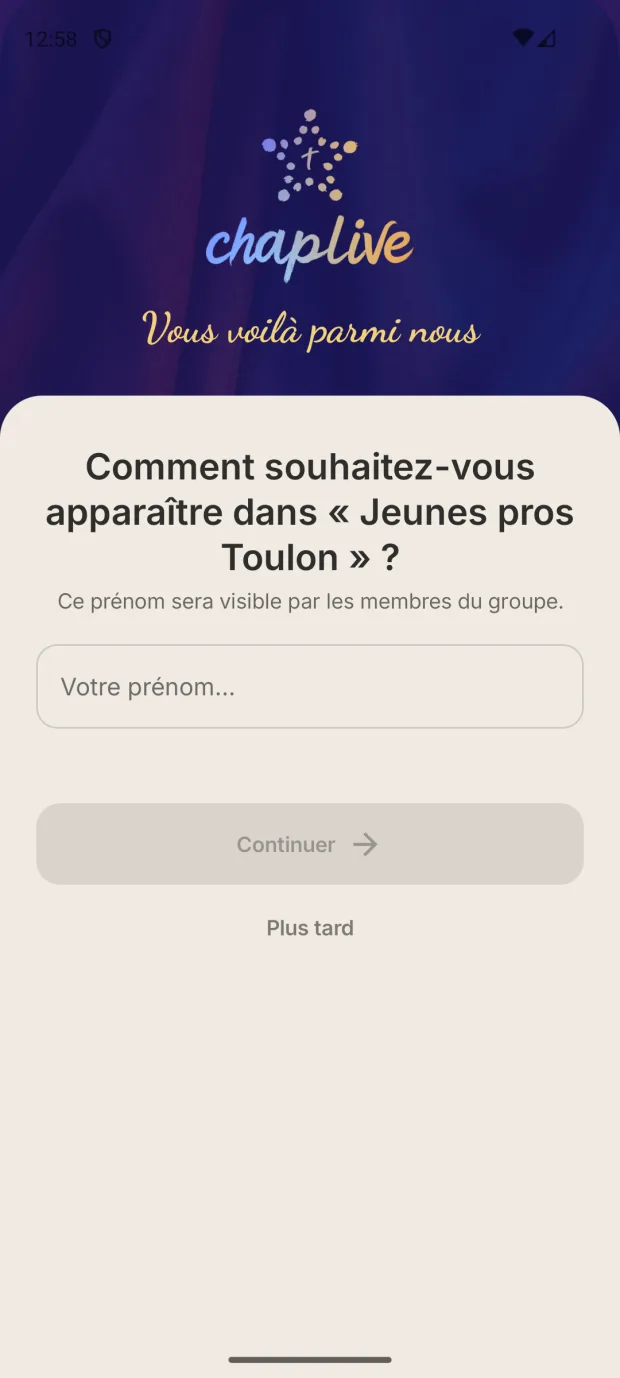 Saisie du prénom en contexte : « Comment souhaitez-vous apparaître dans Jeunes pros Toulon ? »